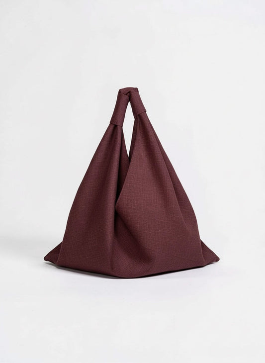 Burgundy linen origami bag midi – handmade linen shoulder bag by Esra Kayira brand