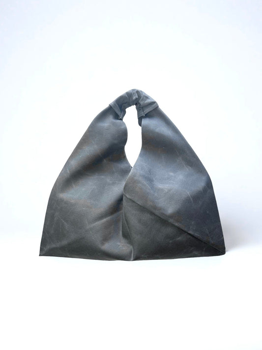 Gray waxed canvas origami midi bag handcrafted in Turkey by Esra Kayira brand