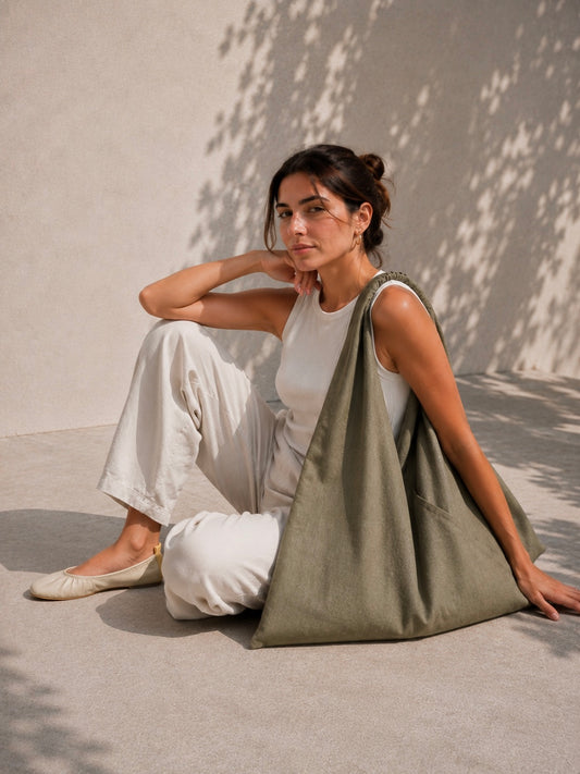 Olive green linen origami bag midi – handmade linen shoulder bag by Esra Kayira brand