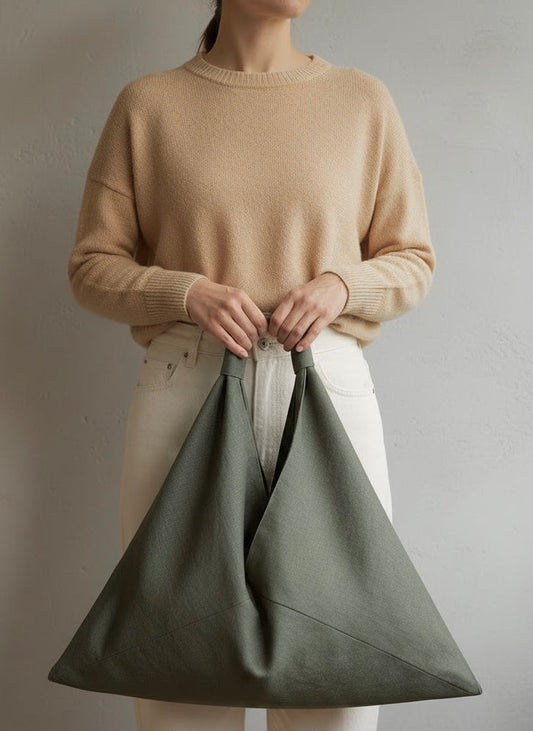 Olive green linen origami bag midi – handmade linen shoulder bag by Esra Kayira brand