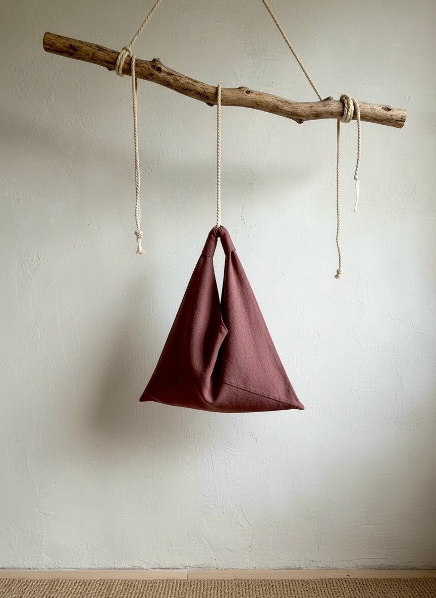 Burgundy linen origami bag midi – handmade linen shoulder bag by Esra Kayira brand