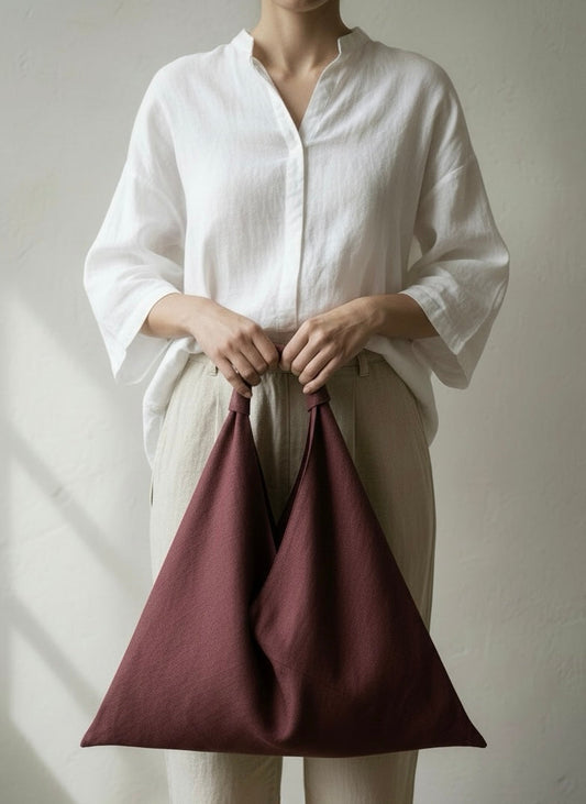 Burgundy linen origami bag midi – handmade linen shoulder bag by Esra Kayira brand