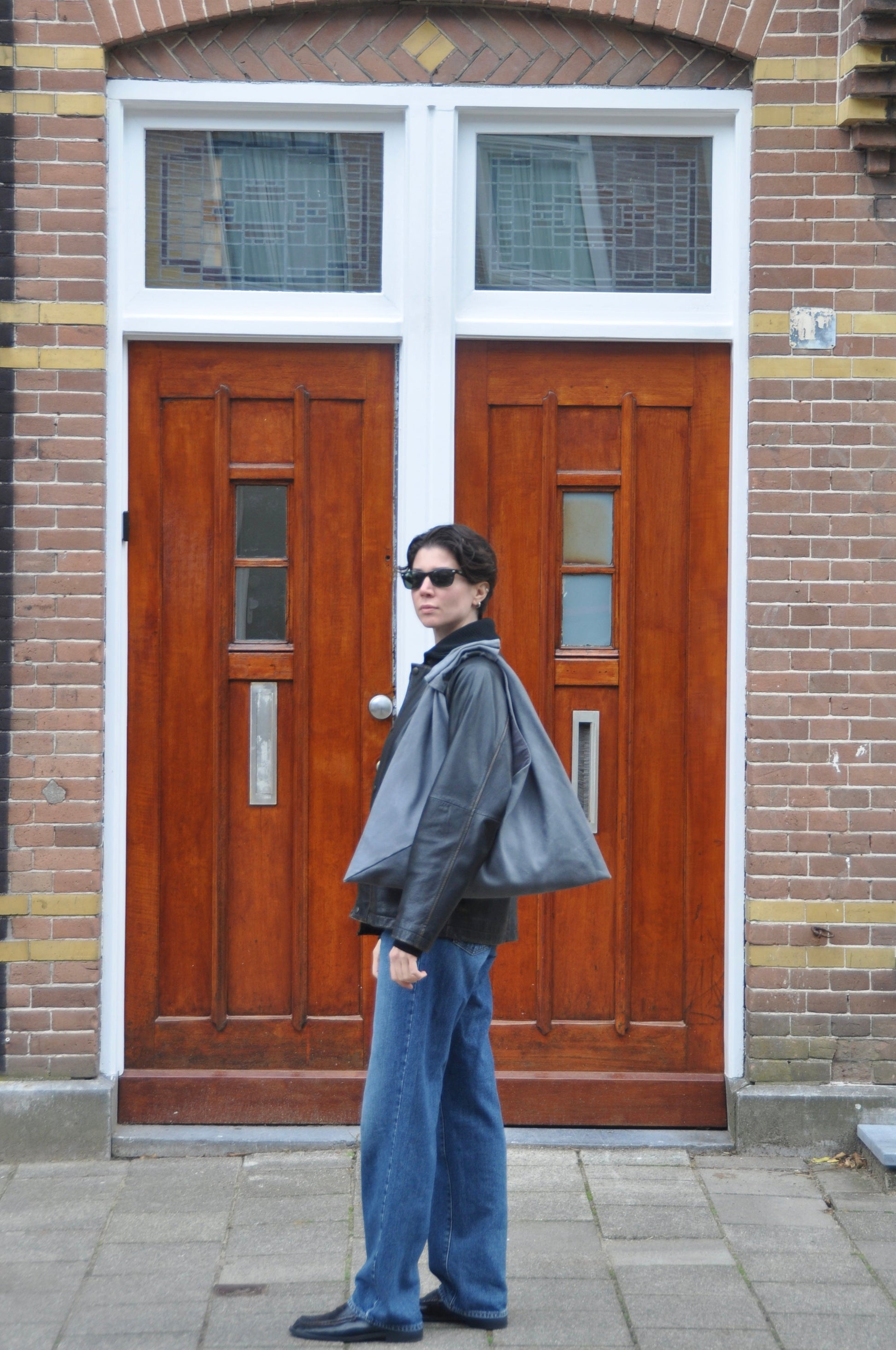 Gray waxed canvas origami midi bag handcrafted in Turkey by Esra Kayira brand
