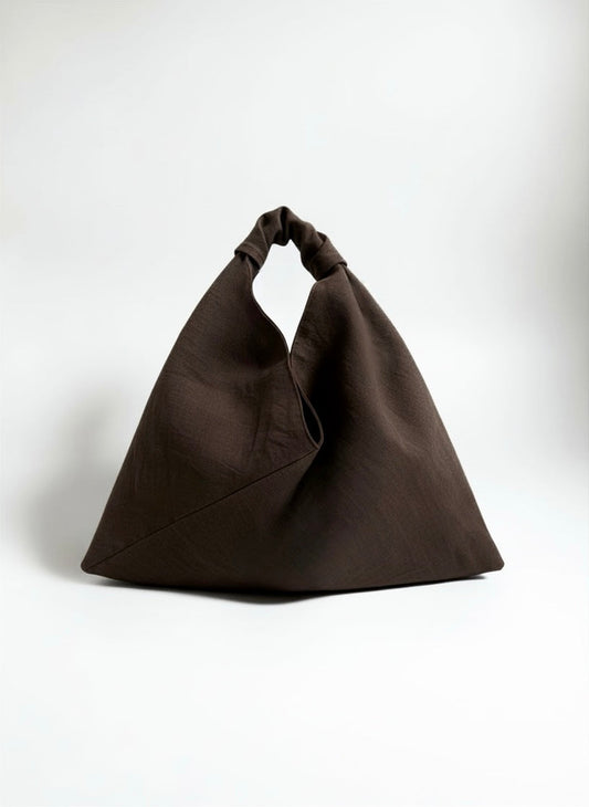 Dark brown linen origami bag small – handmade linen shoulder bag by Esra Kayira brand