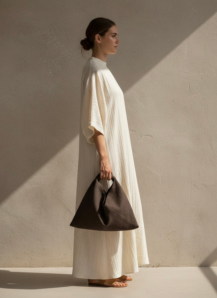 Dark brown linen origami bag small – handmade linen shoulder bag by Esra Kayira brand