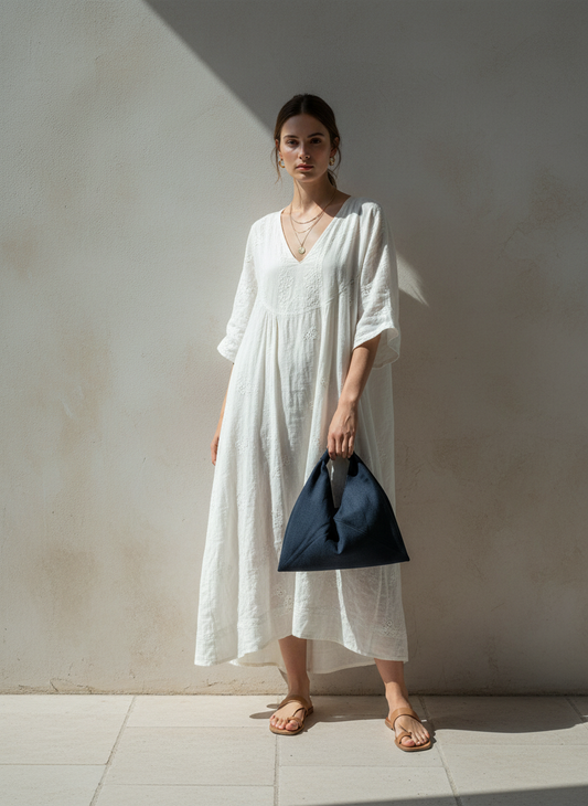 Navy linen origami bag small on a model– handmade linen shoulder bag by Esra Kayira brand