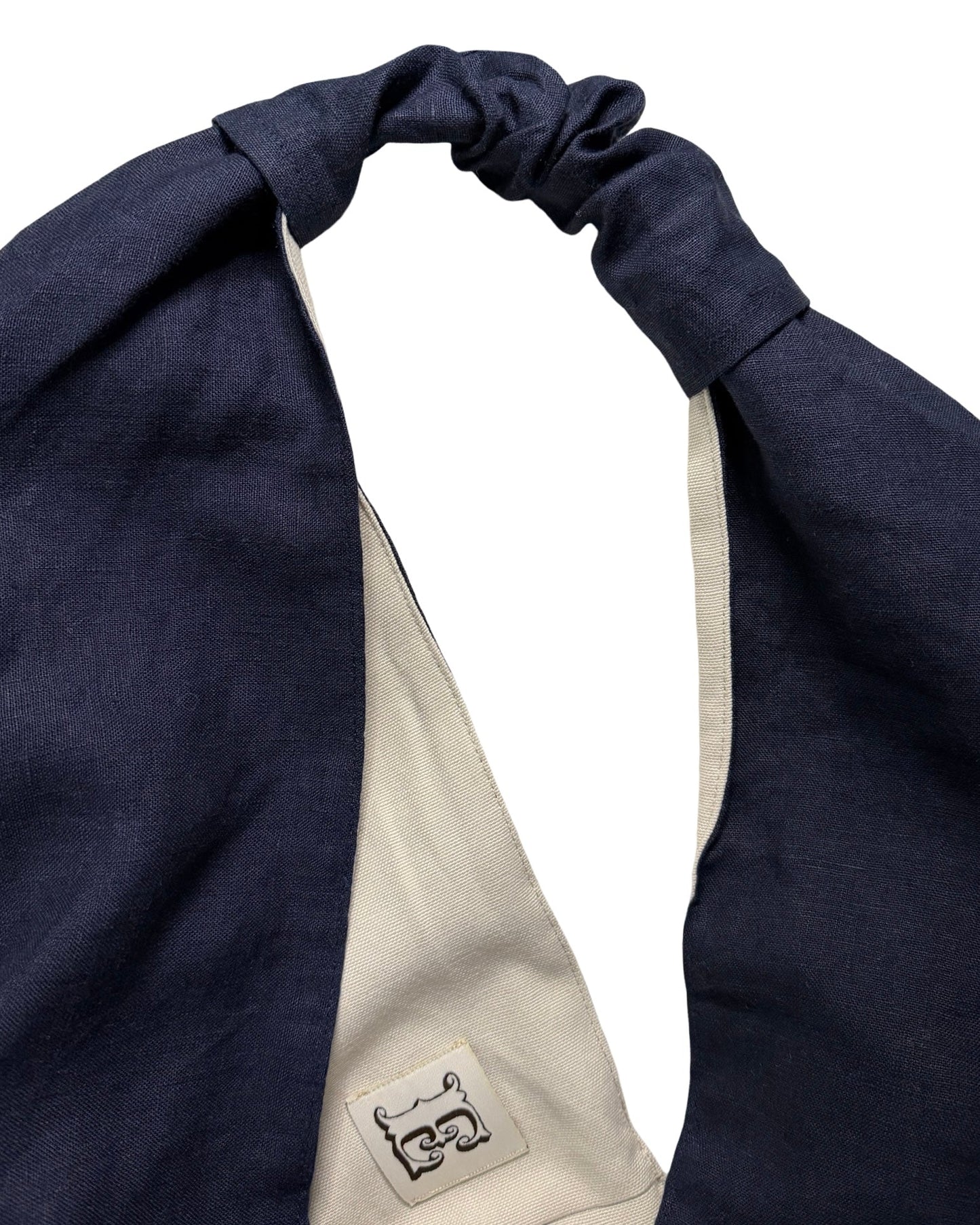 Navy linen origami bag midi – detail, handmade linen shoulder bag by Esra Kayira brand