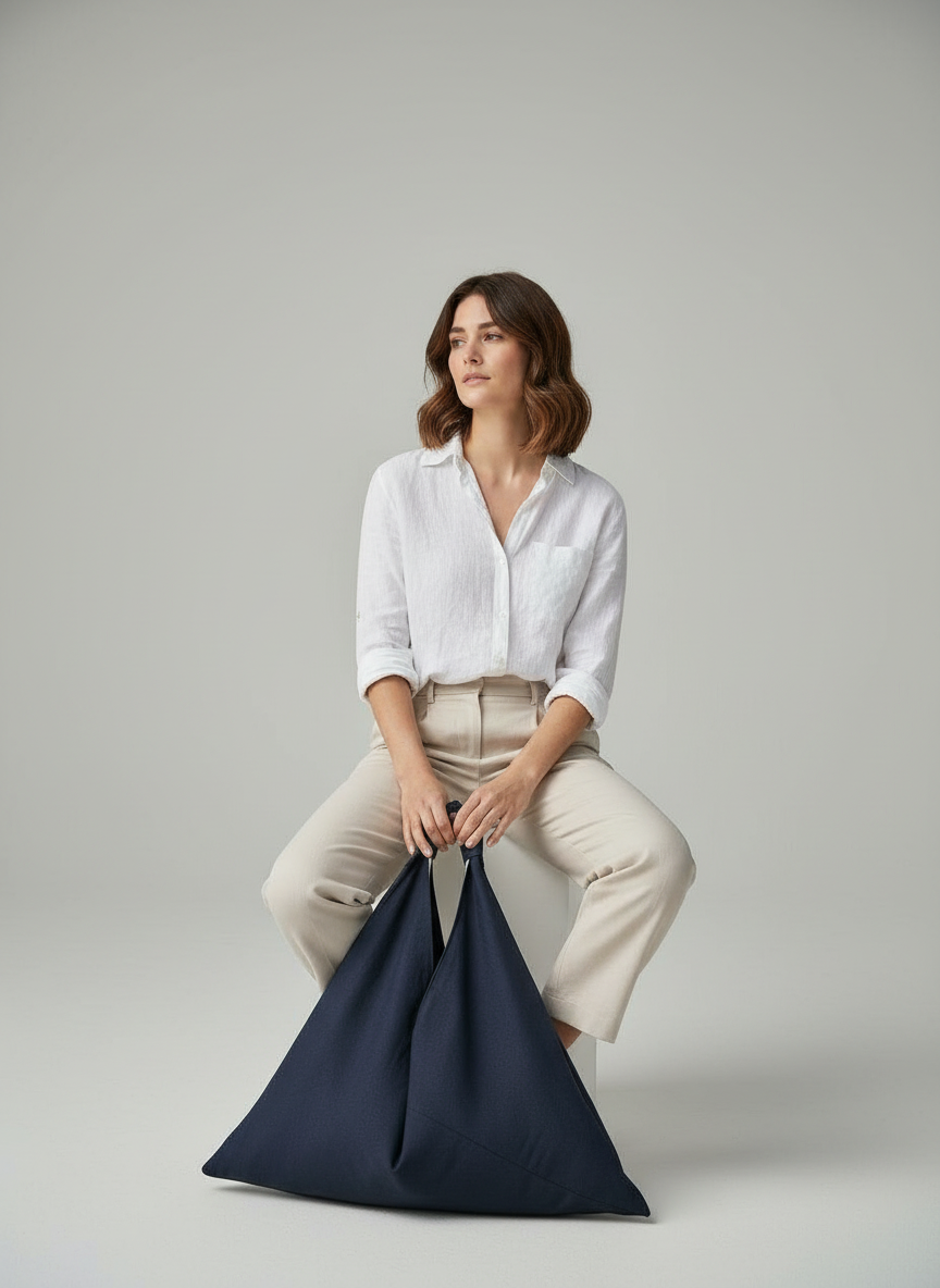 Navy linen origami bag midi – handmade linen shoulder bag by Esra Kayira brand