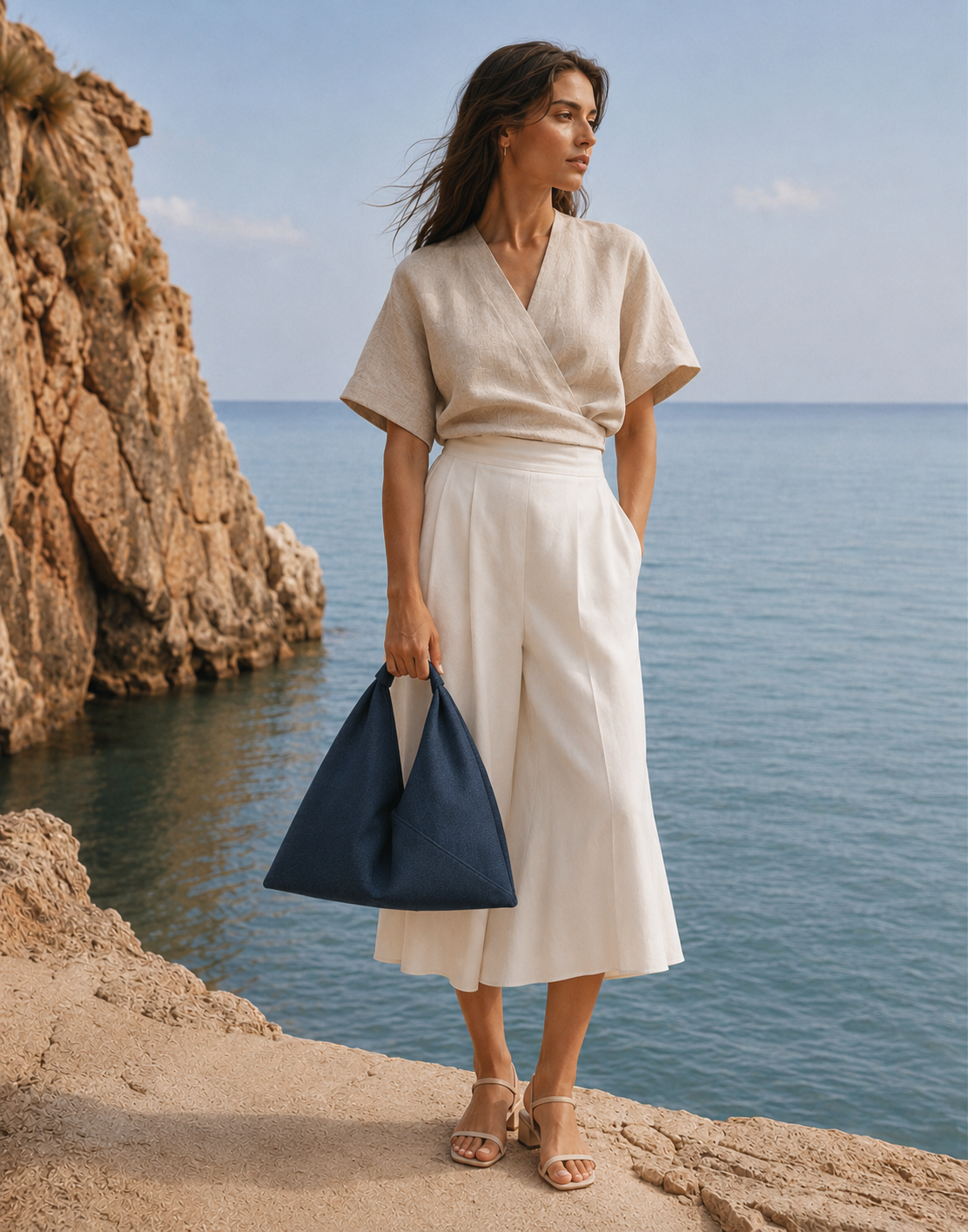 Navy linen origami bag small – handmade linen shoulder bag by Esra Kayira brand