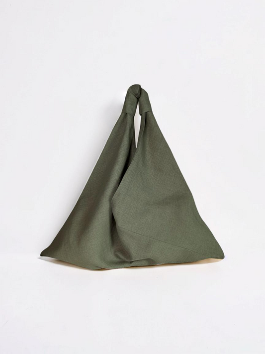 Olive green linen origami bag midi – handmade linen shoulder bag by Esra Kayira brand