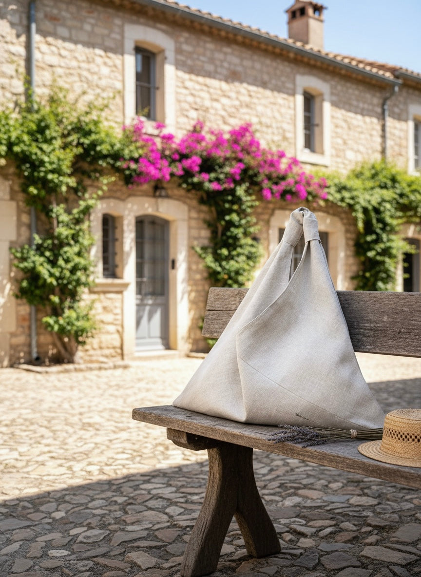 Stone linen origami bag midi – handmade linen shoulder bag by Esra Kayira brand