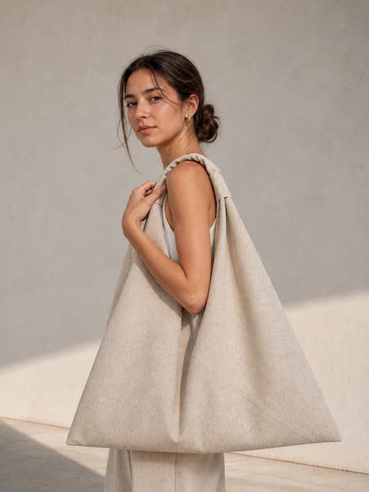 Stone linen origami bag midi with a model– handmade linen shoulder bag by Esra Kayira brand